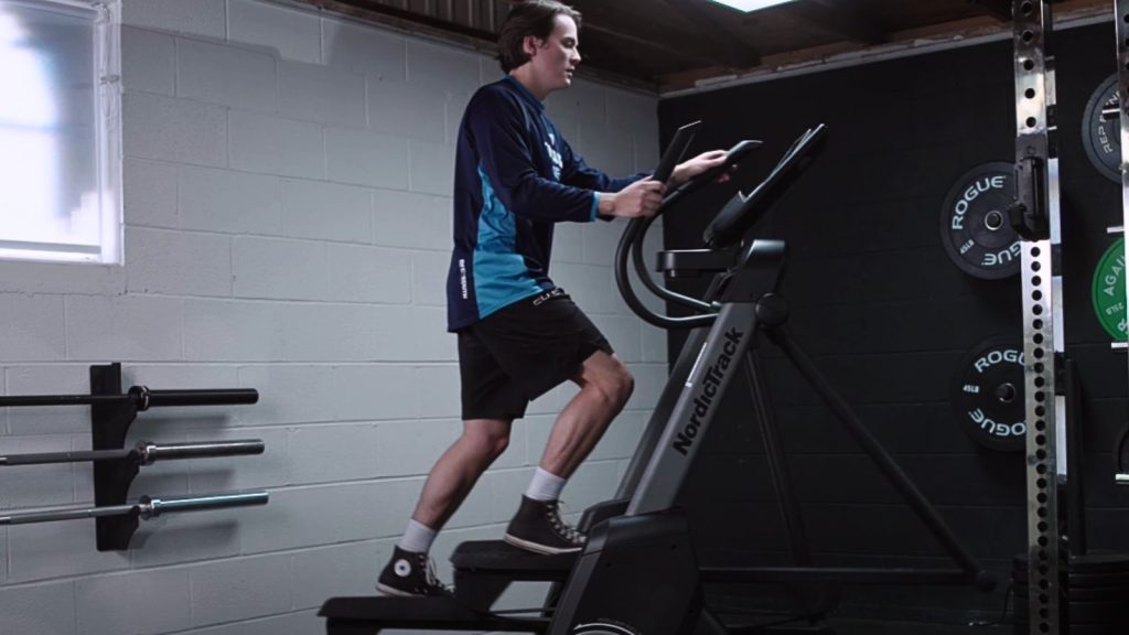 Jake on the elliptical in the Barbend testing garage.