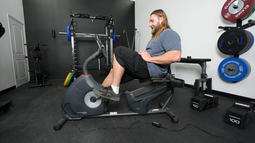 BarBend tester using Schwinn recumbent bike.