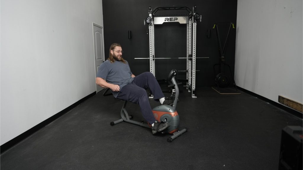 BarBend tester using Marcy recumbent bike