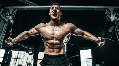 A muscular bodybuilder working out in the gym.