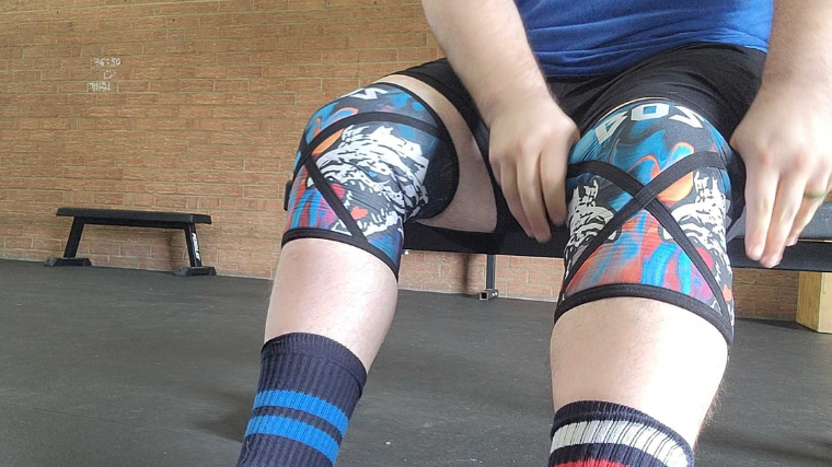 The Bells of Steel Knee Sleeves shown on our testers knees.